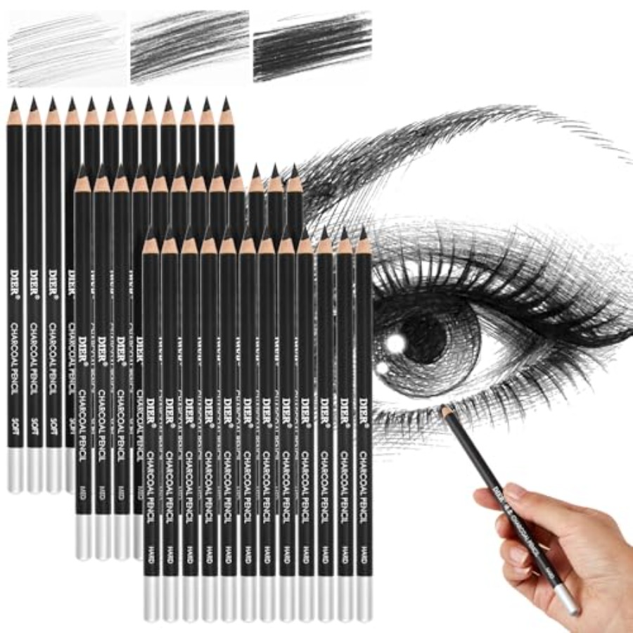 Sketching Charcoal Set - 36 stuks professionele houtskoolpotloden, bulkset voor